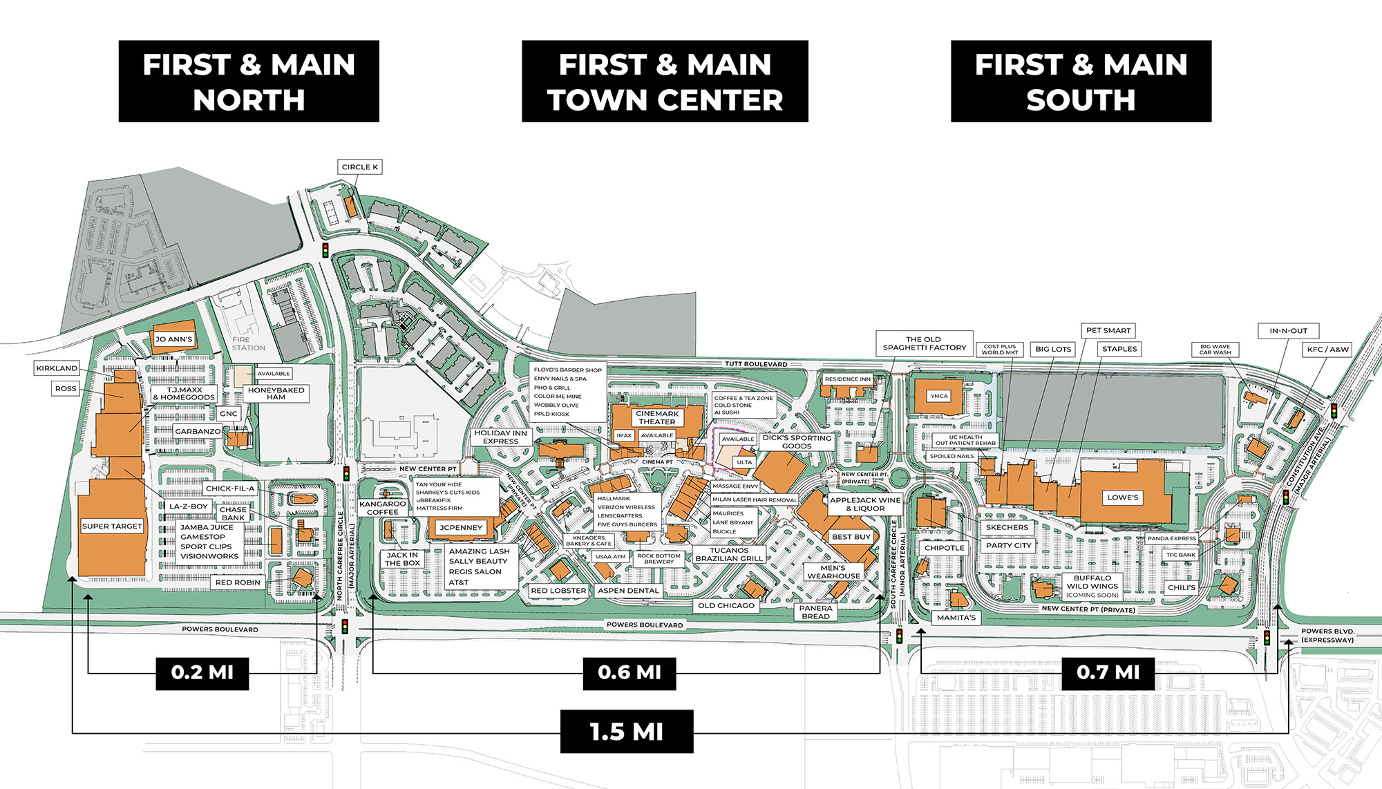 Map of the First and Main Town Center in Colorado Springs